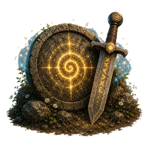 Shield and sword representing the legendary quest